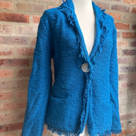 [Chico's]  100% Nubby Cotton Sweater Jacket Fringe Hem Size 1 Turquoise - Picture 1 of 10